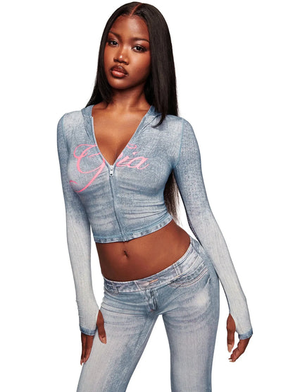 Women’s Letter Print 2-Piece Tracksuit Set - Hooded Zip-Up Coat & Jogger Pants for Autumn and Winter