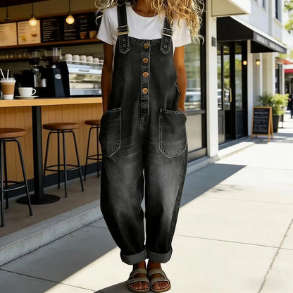 Women's Denim Bib Overalls - Relaxed Fit Wide Leg Vintage Jumpsuit Pants with Button Front Design