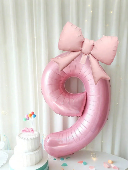 40-Inch Pink Digital Bowknot Foil Balloon - Decorative Number Balloon for Girls’ Birthdays, Weddings and Party Photo Props