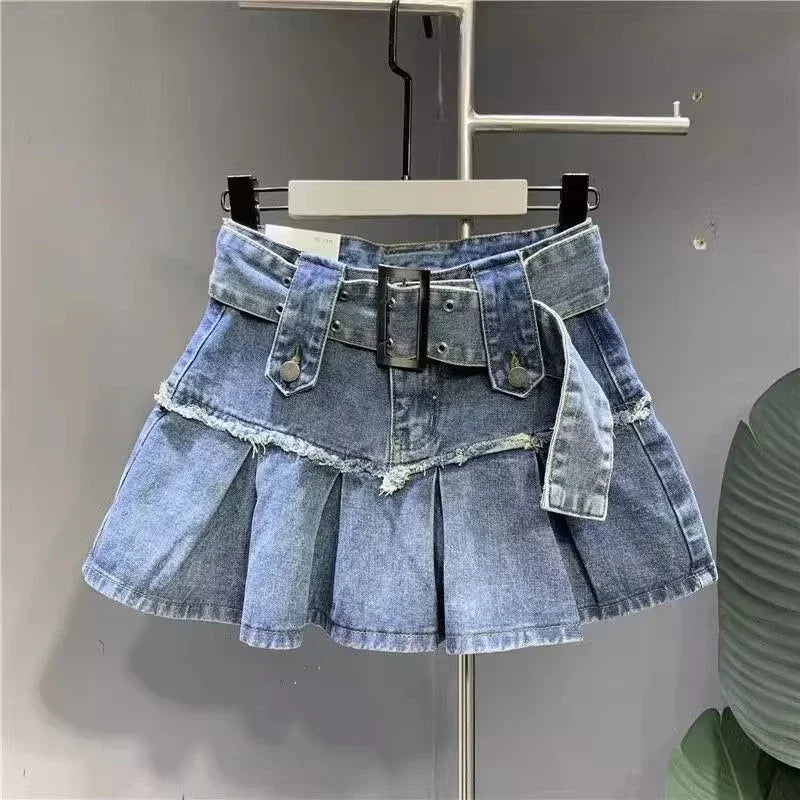 2025 Y2K Gothic Denim Two-Piece Set — Women’s Harajuku Pleated Mini Skirt Streetwear Outfit