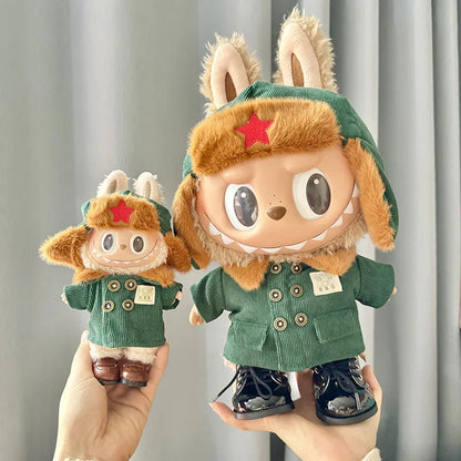 17cm Labubu Monster Doll Clothes – DIY Army Green Coat & Red Star Hat Outfit Accessories