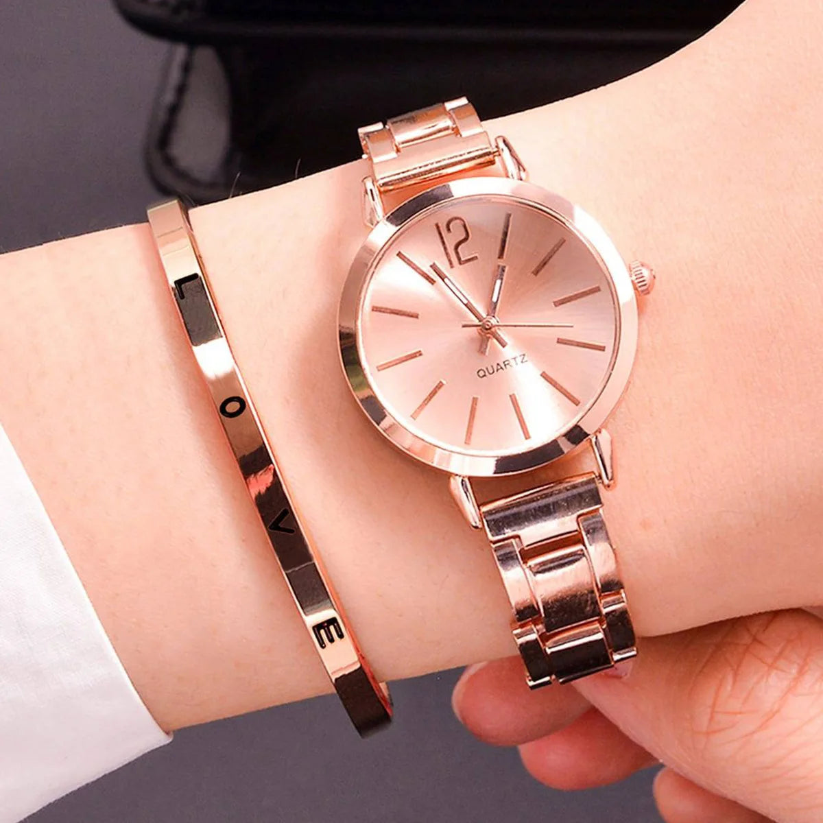 2PCS Set Luxury Women's Watches – Simple Dial, Hollow Strap Gold Bracelet Quartz Wristwatch for Students & Ladies