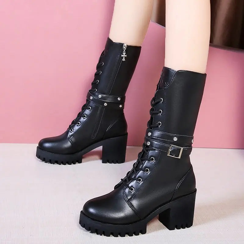 Women’s Winter Mid-Calf Boots – Solid Color, Thick Sole, Buckle Design, Round Toe, Non-Slip Square Heel