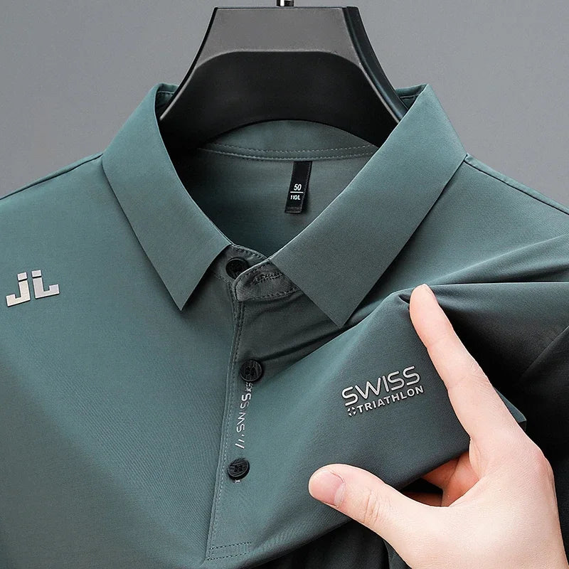 Men's Business Casual Polo Shirt - Short Sleeve Solid Color Top with Badge Detail