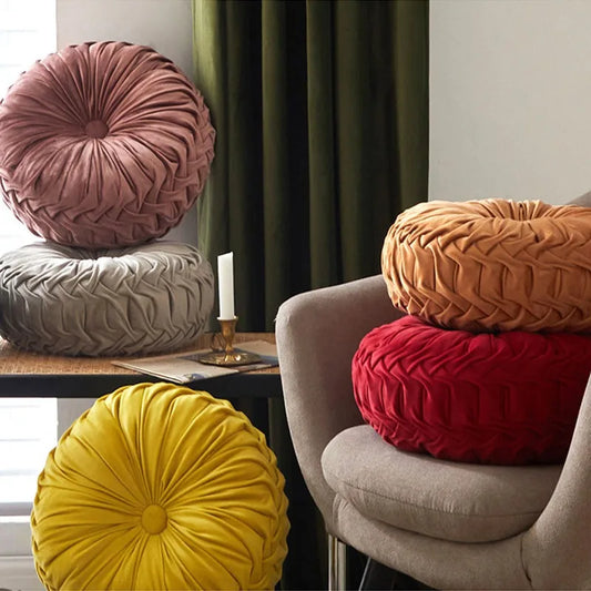 3D Pleated Dutch Velvet Pumpkin Throw Pillow – Hand-Sewn Lumbar Backrest Cushion for Sofa, Bed & Office Chair