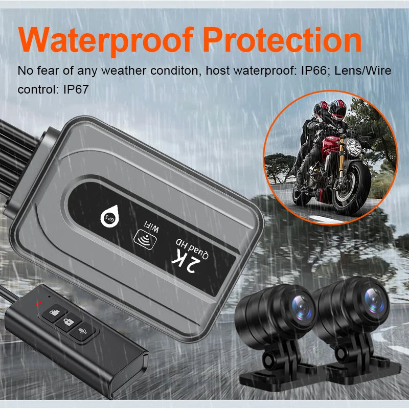 Motorcycle 2K Front & Rear DVR Dash Cam – WiFi GPS, Waterproof Full-Body Video Recorder Black Box