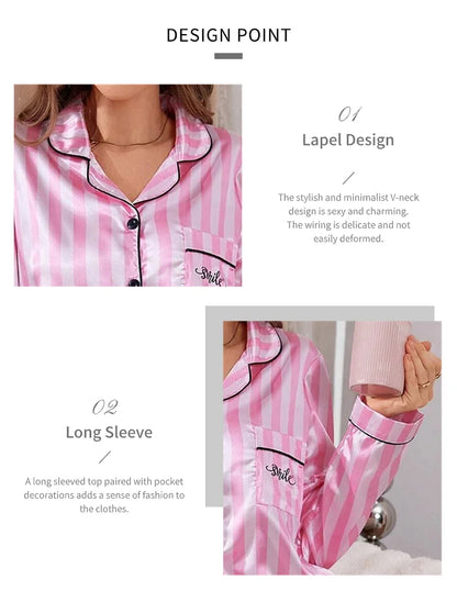 Women’s Stripe Print Satin Pajama Set – Victorian Style Long Sleeve Top & Pants Autumn Sleepwear