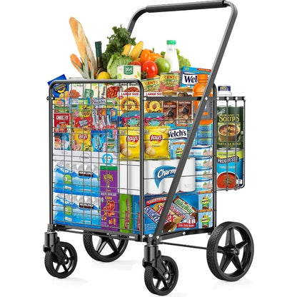 Extra Large Collapsible Grocery Cart on Wheels — Heavy Duty Shopping Cart with Baskets & Waterproof Liner