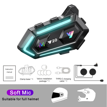 Y20 Motorcycle Helmet Bluetooth Headset – BT5.3 Wireless Hands-Free Call, Noise-Reduction, Waterproof with RGB Light