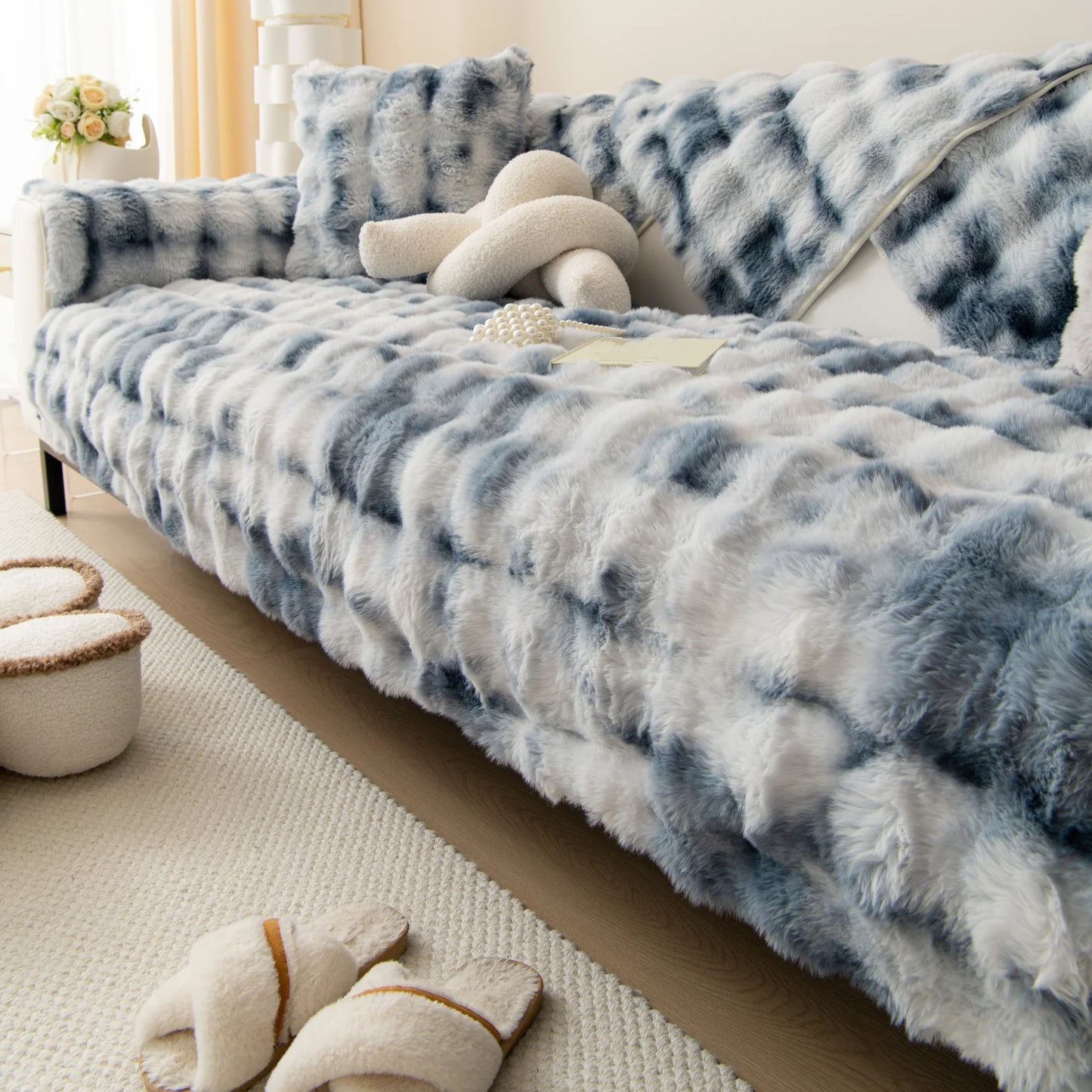 Thick Rabbit Fur Plush Sofa Slipcover - Non-Slip Soft Couch Cushion Cover for Modern Living Room Home Decor