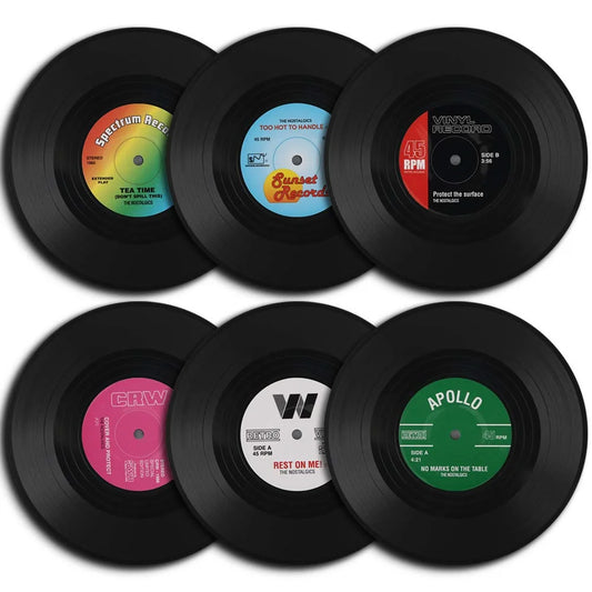 6-Piece Retro Vinyl Record Coaster Set - Colorful Drink Coasters for Coffee Table Decor