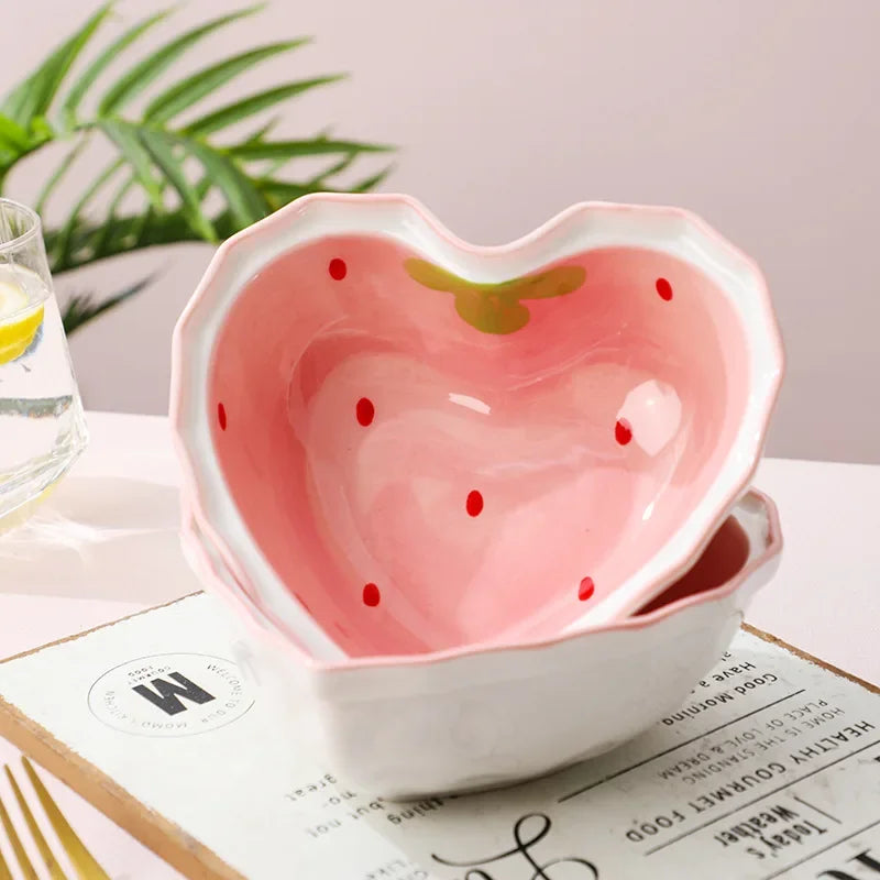 Strawberry Ramen Bowl & Spoon Set - Cute Ceramic Anti-Scald Instant Noodle Bowl