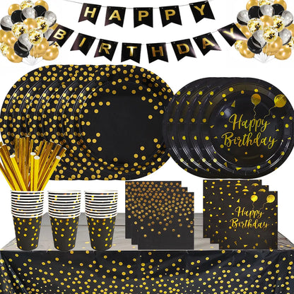 Black Gold Birthday Disposable Tableware Set - Paper Plates, Cups, Napkins, Tablecloth for Adult Happy Birthday Party Decoration and Wedding