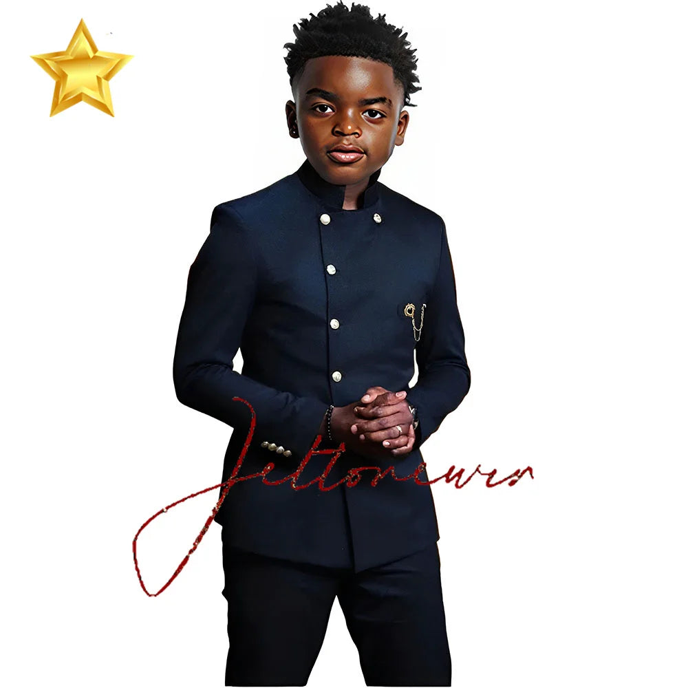 African Style Boys Suit - Stand Collar Blazer and Pants 2 Piece Casual Business Kids Formal Wear