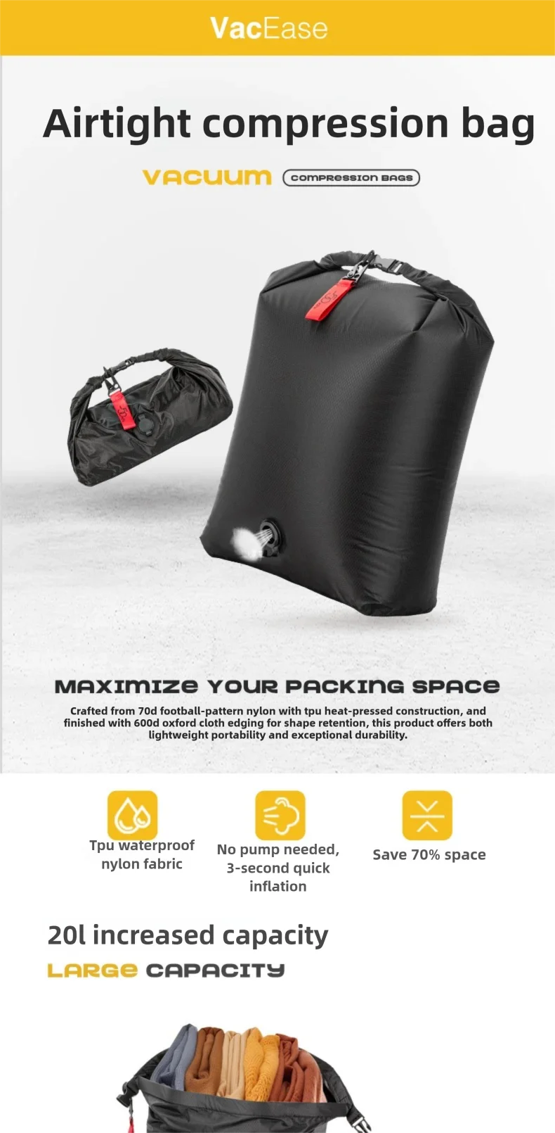 Vacuum Compression Storage Bag – Large Waterproof Luggage & Clothes Organizer for Travel
