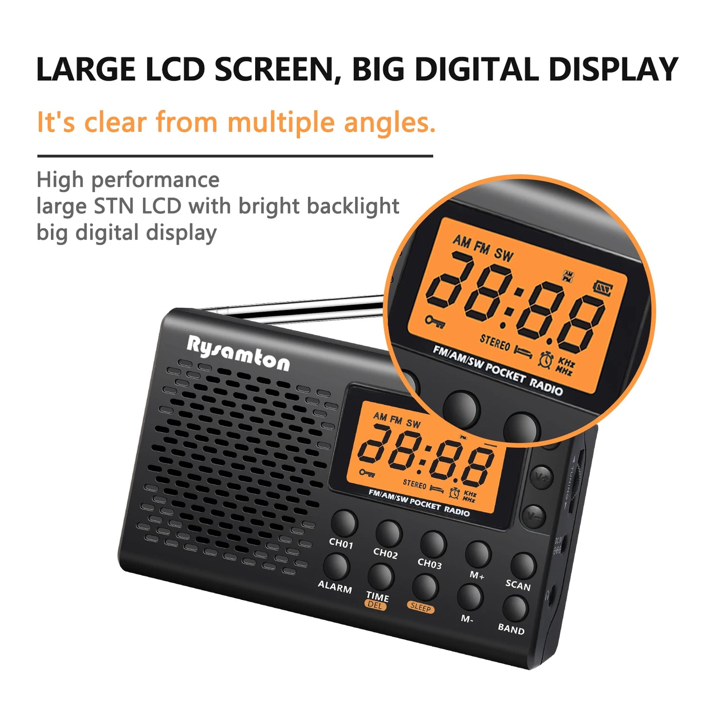 Rysamton Portable AM/FM Shortwave Radio with Big Digital Display, Sleep Timer & Alarm Clock, Battery Operated