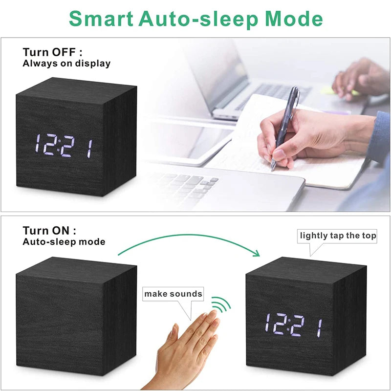 Wooden Digital Alarm Clock – LED Desktop Clock with Temperature Display, Sound Control, USB/AAA Powered Bedside Clock