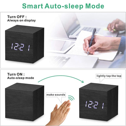 Wooden Digital Alarm Clock – LED Desktop Clock with Temperature Display, Sound Control, USB/AAA Powered Bedside Clock