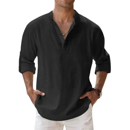 Men’s Lightweight Long Sleeve Henley Shirt — Cotton Linen Streetwear, Beach & Hawaiian Style