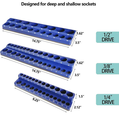 Blue Magnetic Socket Storage Rack - 1/4", 3/8" & 1/2" Drive Metric Tool Organizer Holder