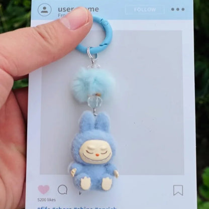 Labubu Mini Flocking Doll Keychain – Standing & Sitting Car, Bag, Phone, Backpack Charm Gift