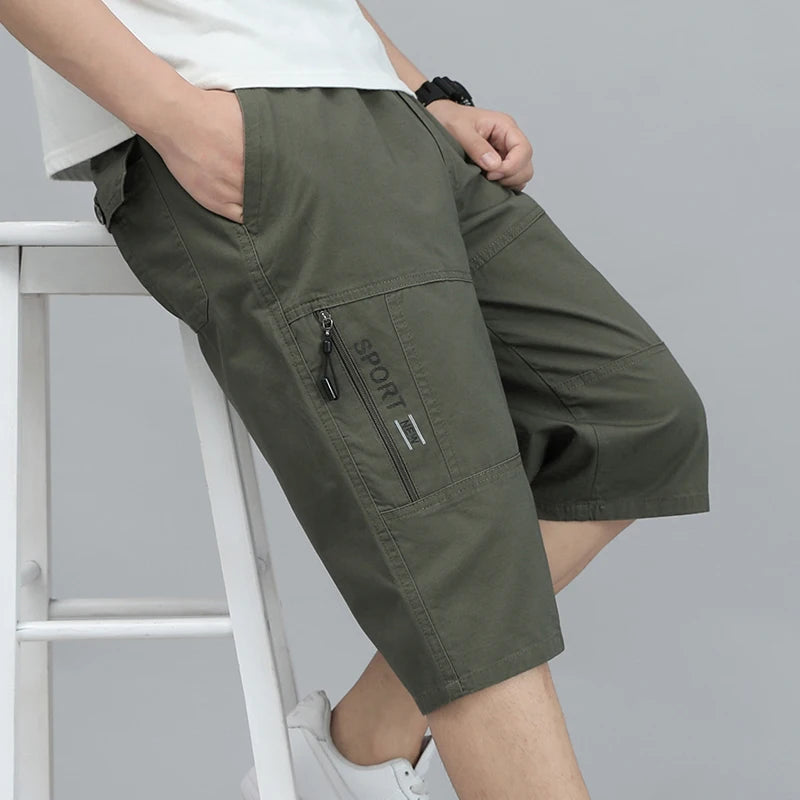 Men's Cargo Knee Shorts - Cotton Summer Climbing Jogger Pants with Zipper Pockets & Elastic Waist