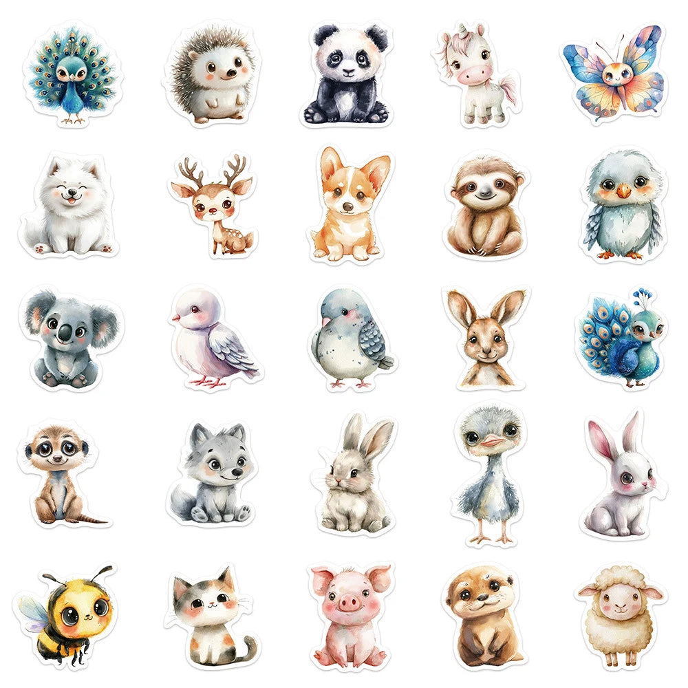 Cute Watercolor Animal Stickers - Cartoon Graffiti Decals for Phone Case, Skateboard, Scrapbook and Kids Crafts