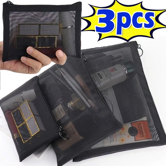1/3pcs Mesh Clear Cosmetic Bags — Small & Large Black Makeup Travel Organizer Pouches for Toiletries & Lipstick Storage