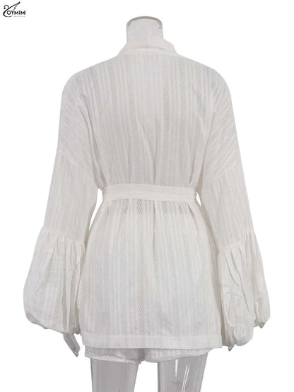 Oymimi Women’s White Cotton Two-Piece Set – Elegant Puff Sleeve Lace-Up Shirt & High-Waisted Shorts
