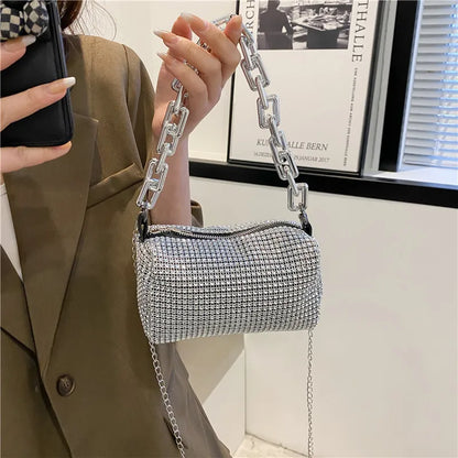 Allover Rhinestone Bucket Bag – Glitter Chain Prom Purse, Women's Mini Crossbody Bag (6.3 x 3.54 Inches)