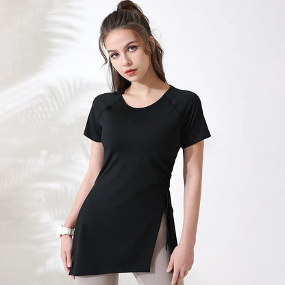 Women’s Short Sleeve Yoga Workout Top – Breathable Gym Fitness Shirt with Side Drawstring Split Hem Sportswear for Training & Running