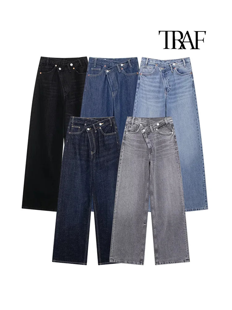 TRAF Women’s Basic Hundred Jeans — High Waist Asymmetric Wide-Leg Trousers, Casual Straight-Leg Fashion Jeans