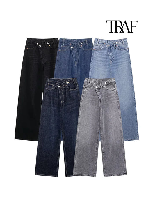 TRAF Women’s Basic Hundred Jeans — High Waist Asymmetric Wide-Leg Trousers, Casual Straight-Leg Fashion Jeans