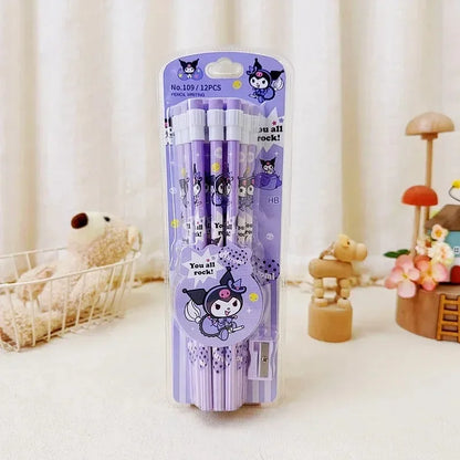 12pcs Sanrio Cinnamoroll & Kuromi Cute Cartoon HB Pencils - Writing & Drawing Stationery Box Set with 12 Pencils & 1 Pencil Roller