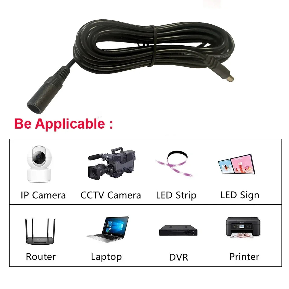DC Extension Cable - 2.1mm x 5.5mm Female to Male Power Cord Adapter for LED Lights, CCTV & Electronic Devices