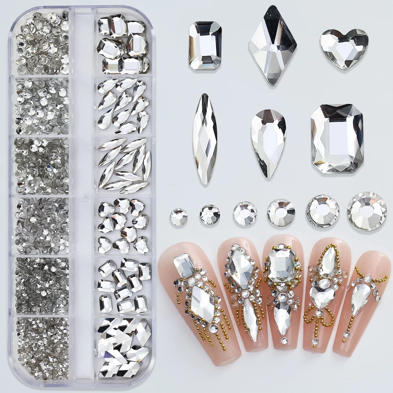 12-Grid Mixed Nail Rhinestones SS6-SS30 – Shiny Flat-Back Gems in Clear, Gold, Pink & Blue for Nail Art Decoration