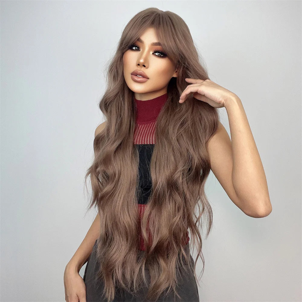 Super Long Curly Wavy Brown Synthetic Wig with Bangs – Heat-Resistant Afro Style for Cosplay, Party, Halloween, White Women
