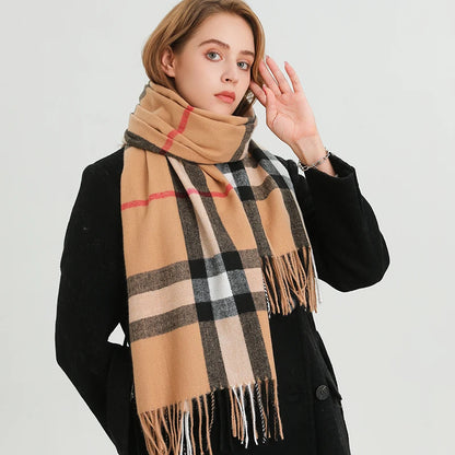 Luxury Brand Winter Plaid Cashmere-Like Blanket Scarf - Thick Warm Pashmina Shawl Wrap with Tassels, Poncho Stoles Echarpe