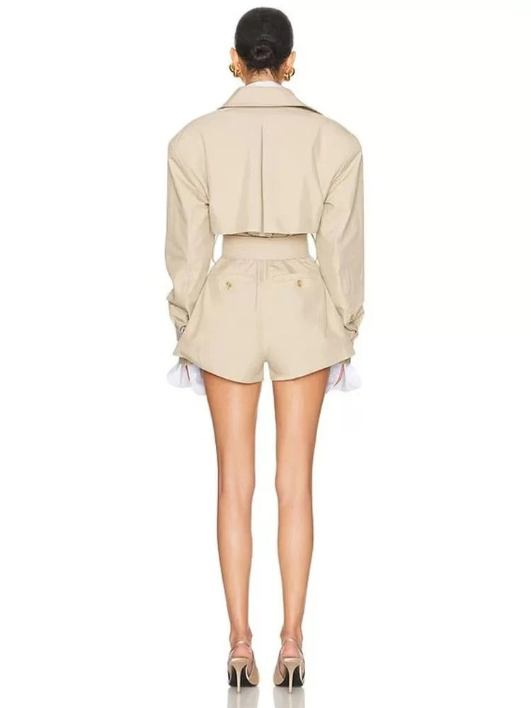 Women’s Winter Sexy Lapel Long Sleeve Belted Double-Breasted Jumpsuit Shorts, Elegant Evening Party Runway Outfit