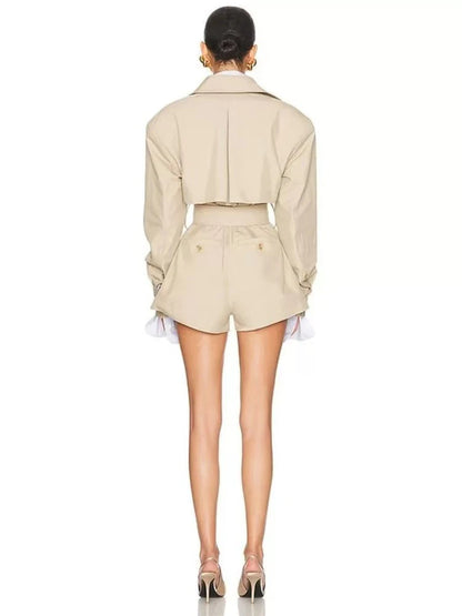 Women’s Winter Sexy Lapel Long Sleeve Belted Double-Breasted Jumpsuit Shorts, Elegant Evening Party Runway Outfit
