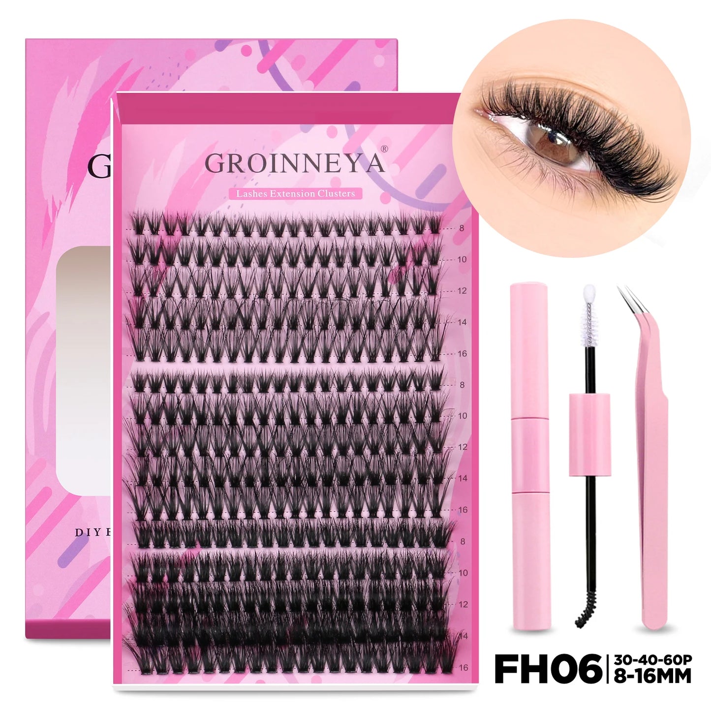 GROINNEYA DIY Lash Extension Kit – Cluster & Individual Lashes Set with Lash Bond & Seal for At-Home Eyelash Extension Makeup