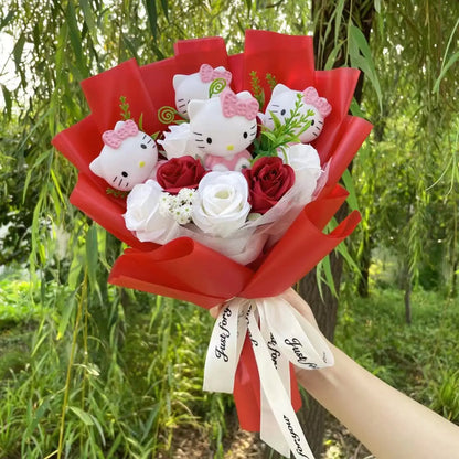 Kawaii Hello Kitty Cat Dolls with Artificial Flowers – Creative Sanrio Bouquet for Christmas, Valentine’s & Birthday Graduation Gifts