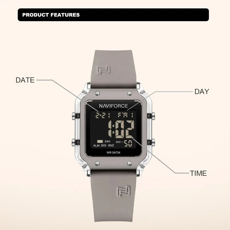 NAVIFORCE Women's Digital Sports Watch - Waterproof Silicone Strap with Time, Date & Week Display