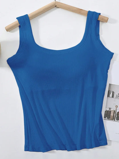 Women's Ribbed One-Piece Tank Top - Built-In Bra Square Neck Slim Fit Summer Bodysuit