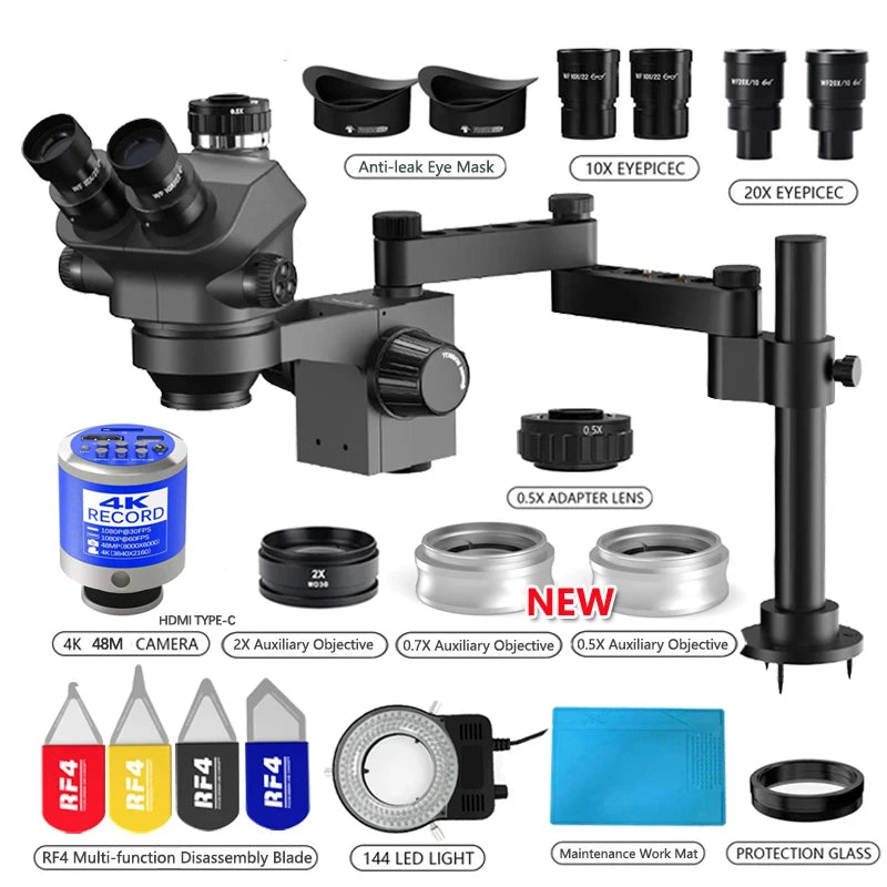 3.5-200X Simul-Focal Stereo Trinocular Microscope Set – 4K/2K/1080P HDMI VGA USB Camera, Clamp & Folding Extension Base