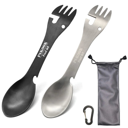 5-in-1 Tactical Spork — Stainless Steel Spoon, Fork, Knife, Can & Bottle Opener Combo for Camping & Hiking