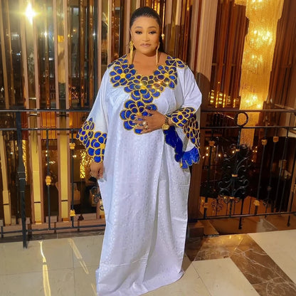 African Dresses for Women - Dashiki Embroidery Bazin Ankara White Gown Nigeria Wedding & Evening Party Dress