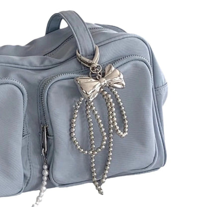 Cute Pearl Beaded Bowknot Keychain — Metal Bow Pendant Bag Charm for Women & Girls
