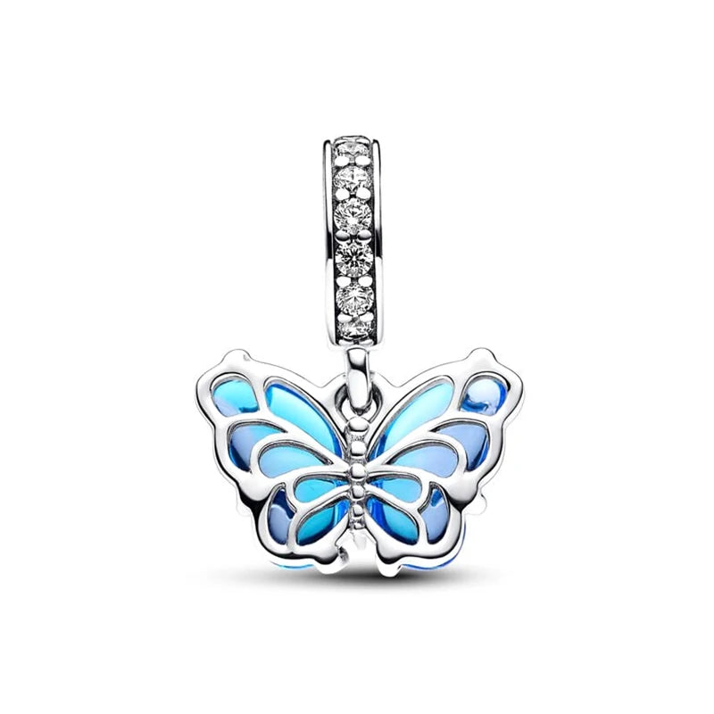 925 Silver Butterfly Dangle Charm – Blue & Yellow Glass for 3mm Original Bracelet, DIY Jewelry Gift