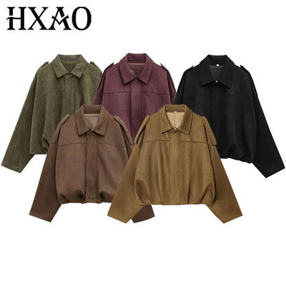 HXAO Women's Oversized Suede Cropped Bomber Jacket – Casual Batwing Sleeve Streetwear Coat